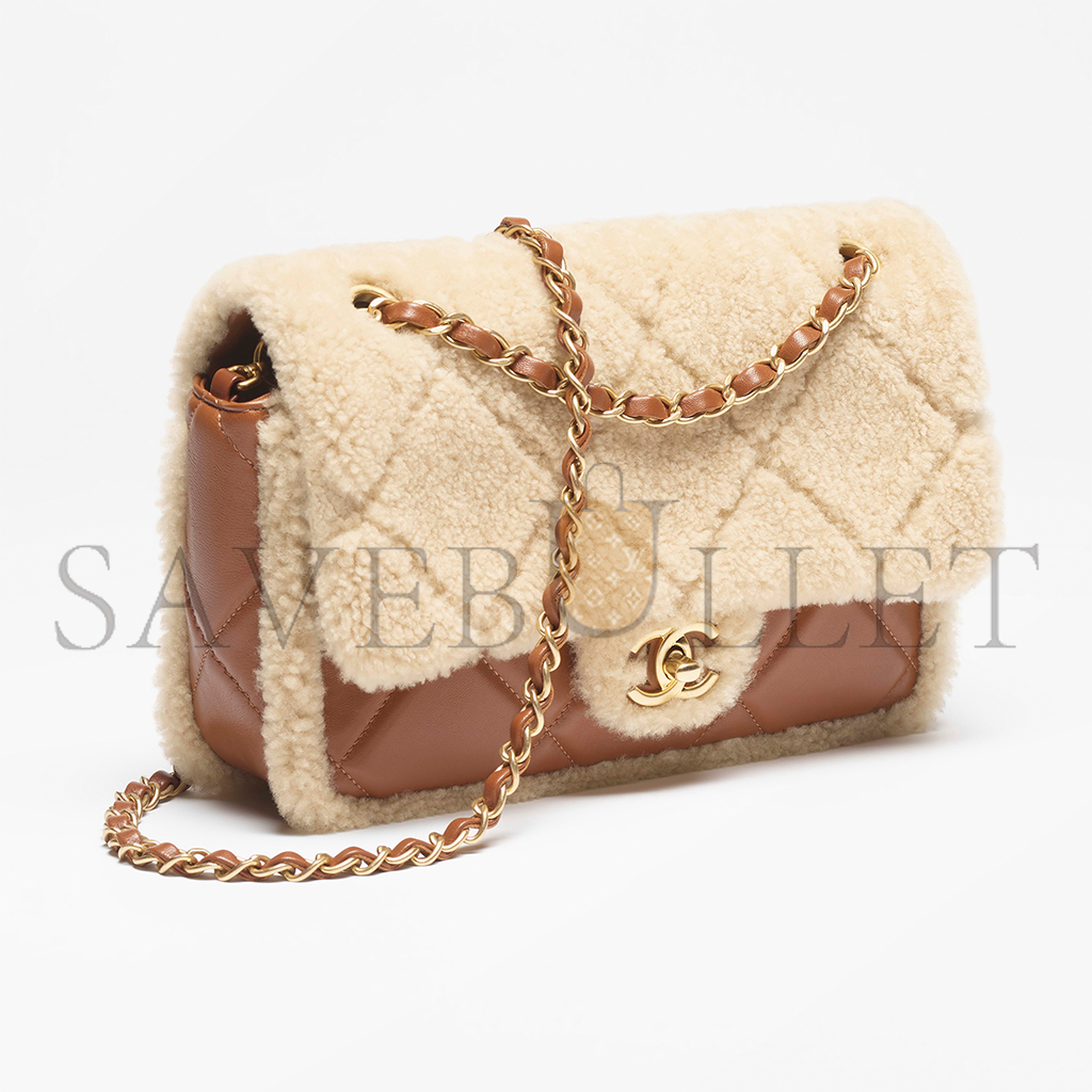 Ch*el shearling lambskin & gold-tone metal flap bag as5149 (23.5*16*7.5cm)